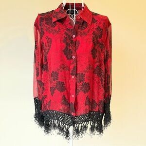 Vintage Spencer Jeremy Silk Semi Sheer Button Down Blouse Fringe red black SZ 10